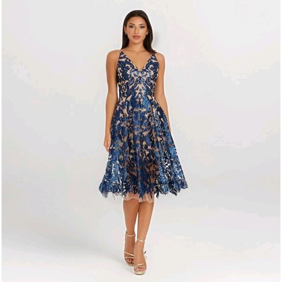Dress the Population Blair Dress Sequin Lace Party Plunge VNeck Cocktail Blue S - Picture 1 of 16